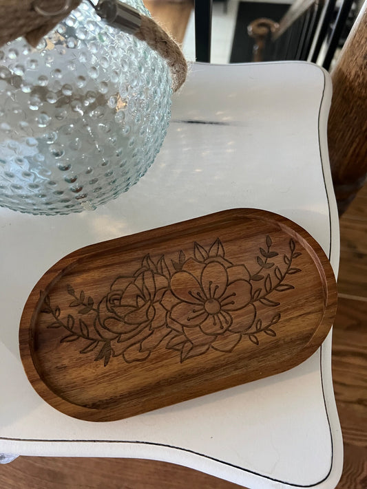 Wood Acacia Soap Tray Jewelry Tray Cheese Platter Ring Dish Floral Flowers Personalized Engraved