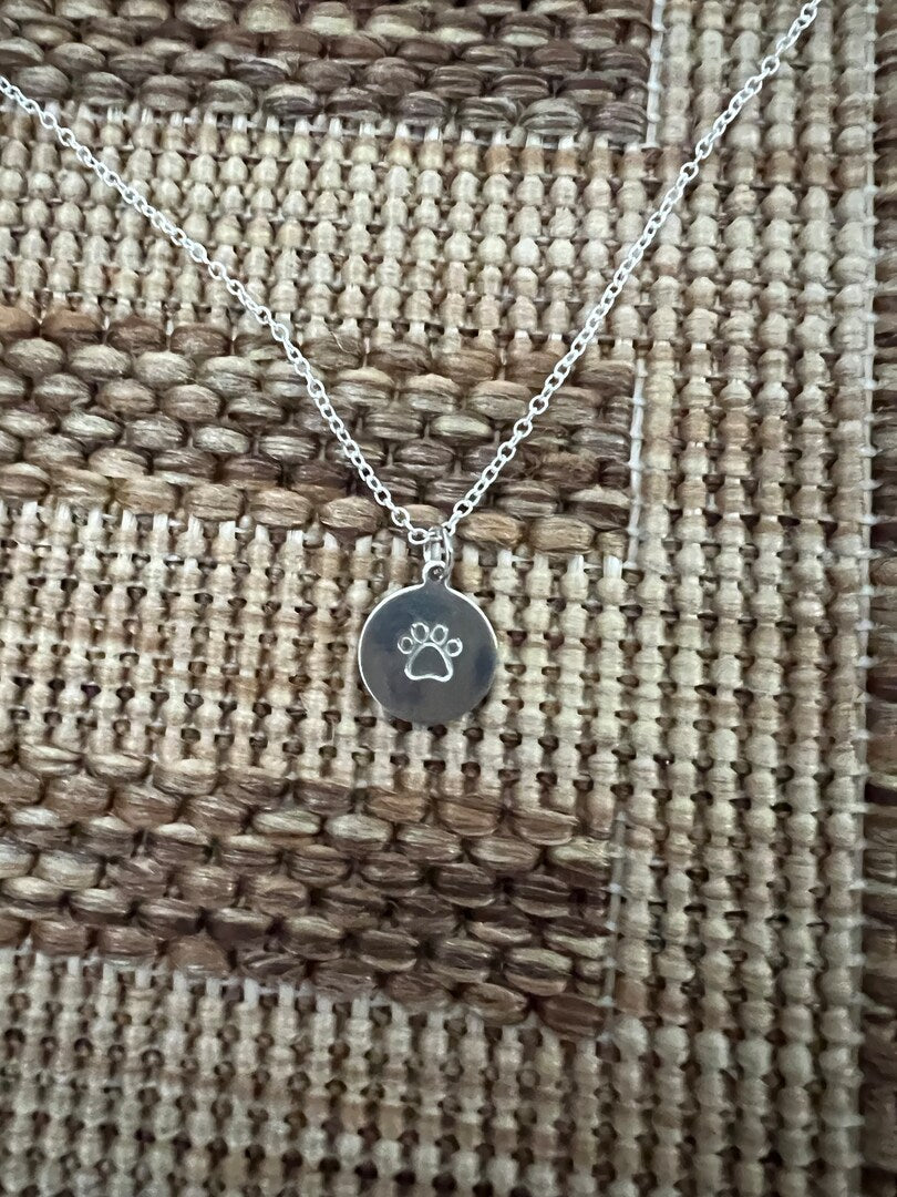 Dog Cat Paw Pet Mom Necklace Circle Coin Disc Engraved Etched Handmade Personalized Stamped Custom Metal Gold Silver