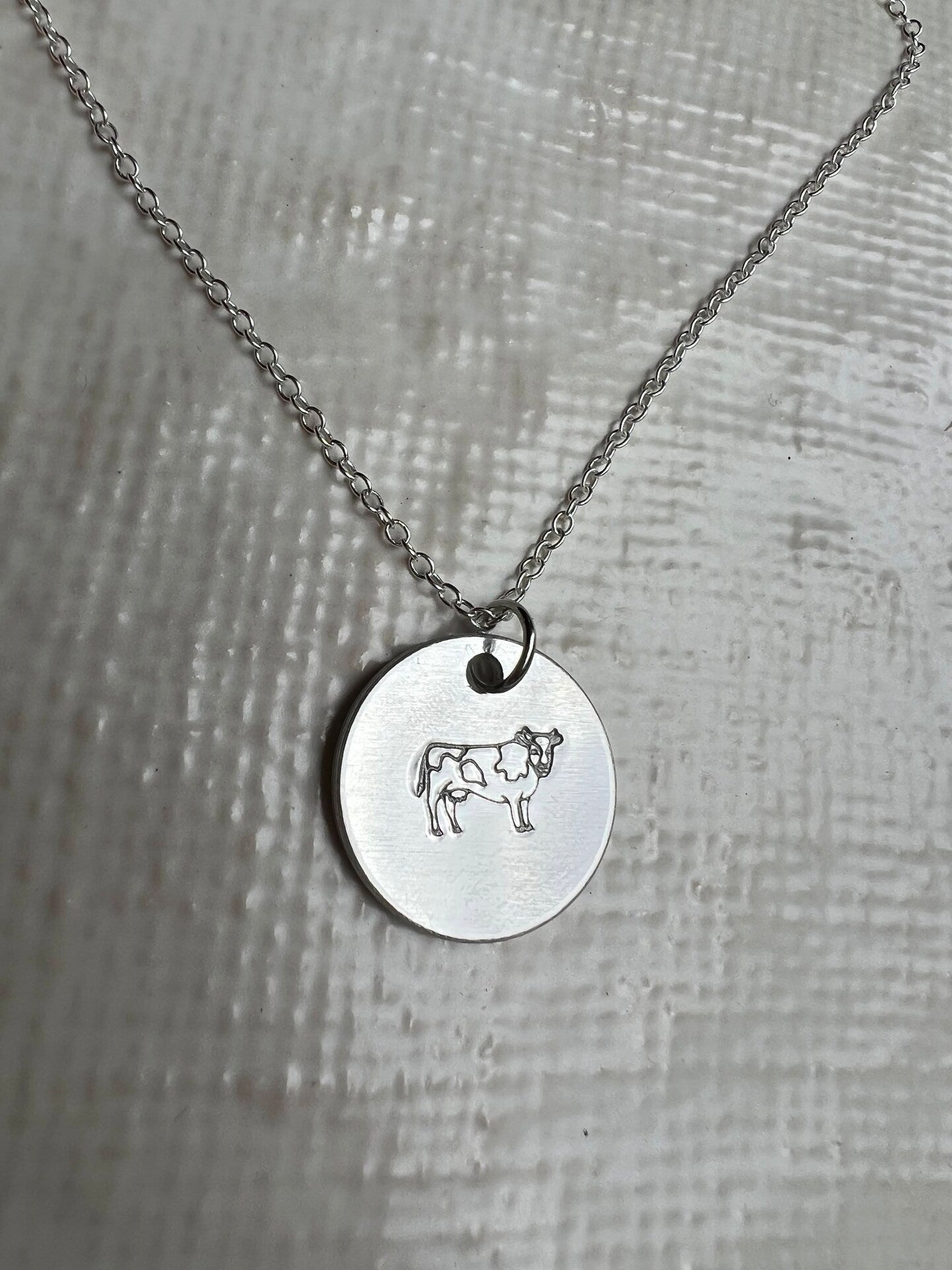Tiny Cow Oxen Calf Heifer Necklace Pendant Circle Coin Metal Silver Gold Farm Handmade Stamped Engraved