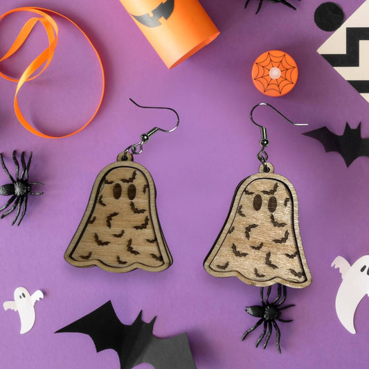 Ghost Earrings Wood Dangle Spider Web Bats Halloween Fall Autumn Silver Gold Set