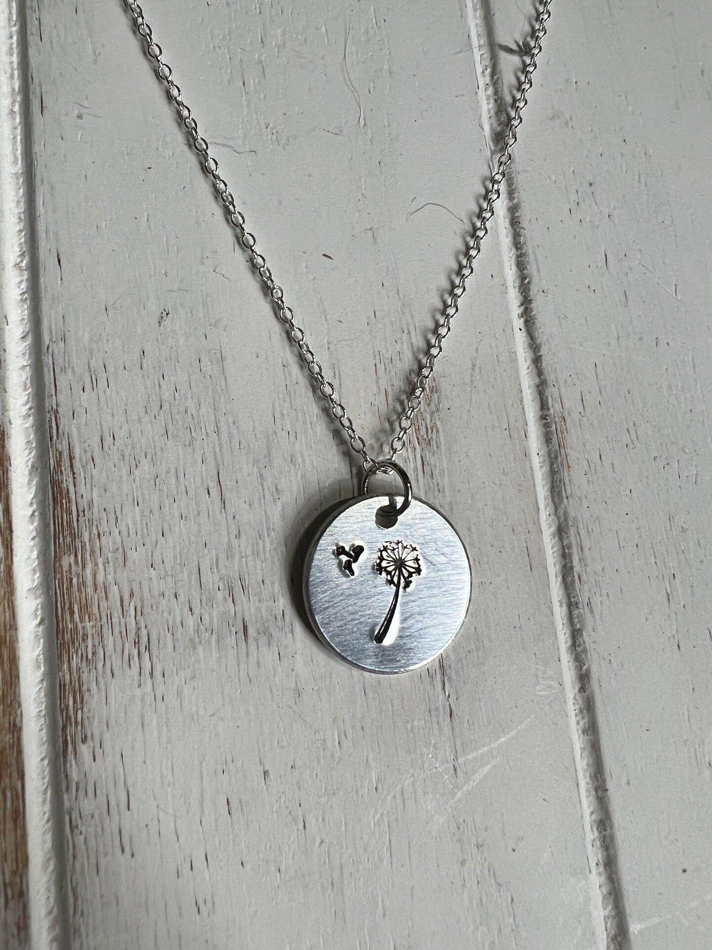 Dandelion Flower Pendant Necklace Metal Round Disc Coin Silver Gold Stamped Jewelry Metal Engraved