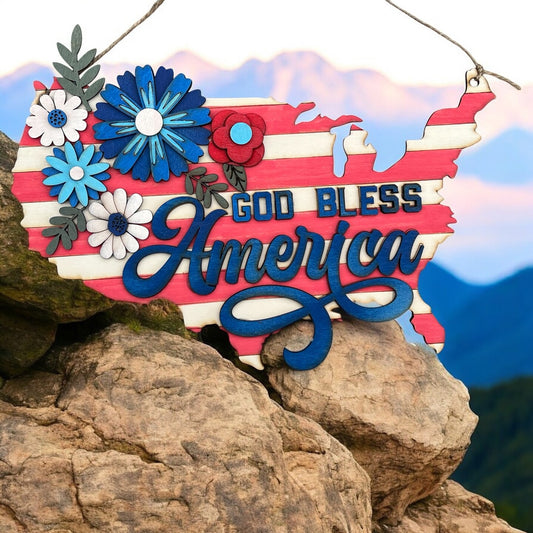 God Bless America Wood Door Sign Wall Sign Home Decor 4th of July Patriotic Memorial Day American Flag Floral Red White Blue