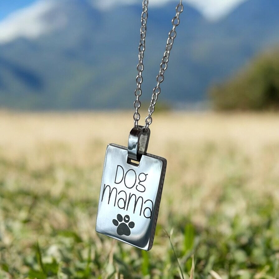 Dog Mama Cat Mama Heart Paw Pendant Charm Necklace Personalized Silver Square Rectangle Pet Mom