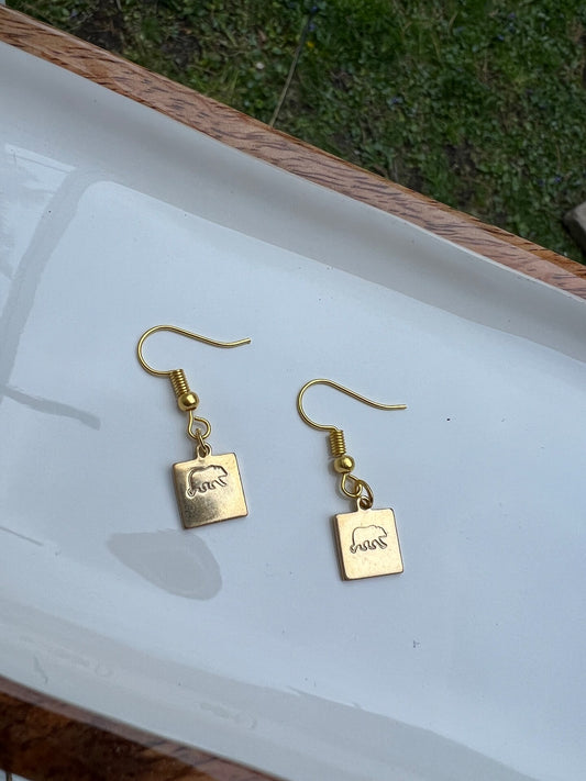 Grizzly Brown Mama Bear Earrings Small Dainty Simple Square Dangle Drop Simple Gold Silver Stamp Etched Handmade Engraved
