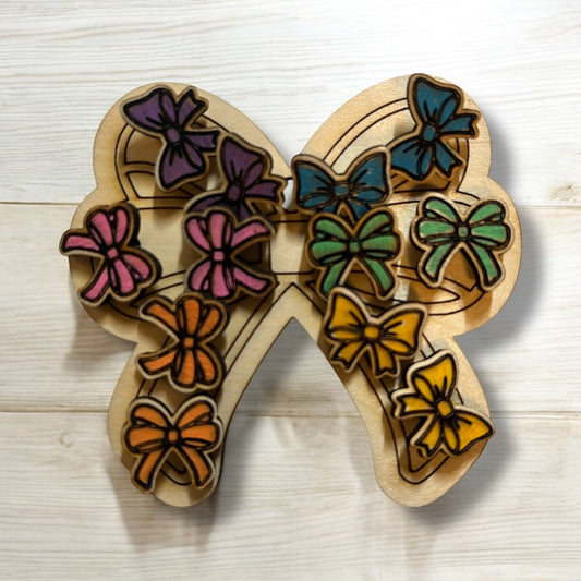 Hand Painted Wood Bow Stud Earrings Set Cheerleader Cheer Bow Coquette Bow Pink Blue Purple White