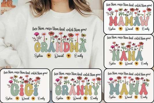 Mama Nana Mimi Grandma T-Shirt Sweatshirt Grandchildren Children Kids Names Personalized Floral Flower Mother