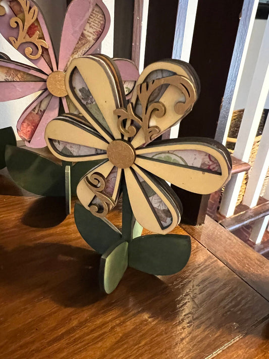 Wood Flower Table Decor Spring Summer Colorful Gold Flourish Handmade Boho Farmhouse Home Decor