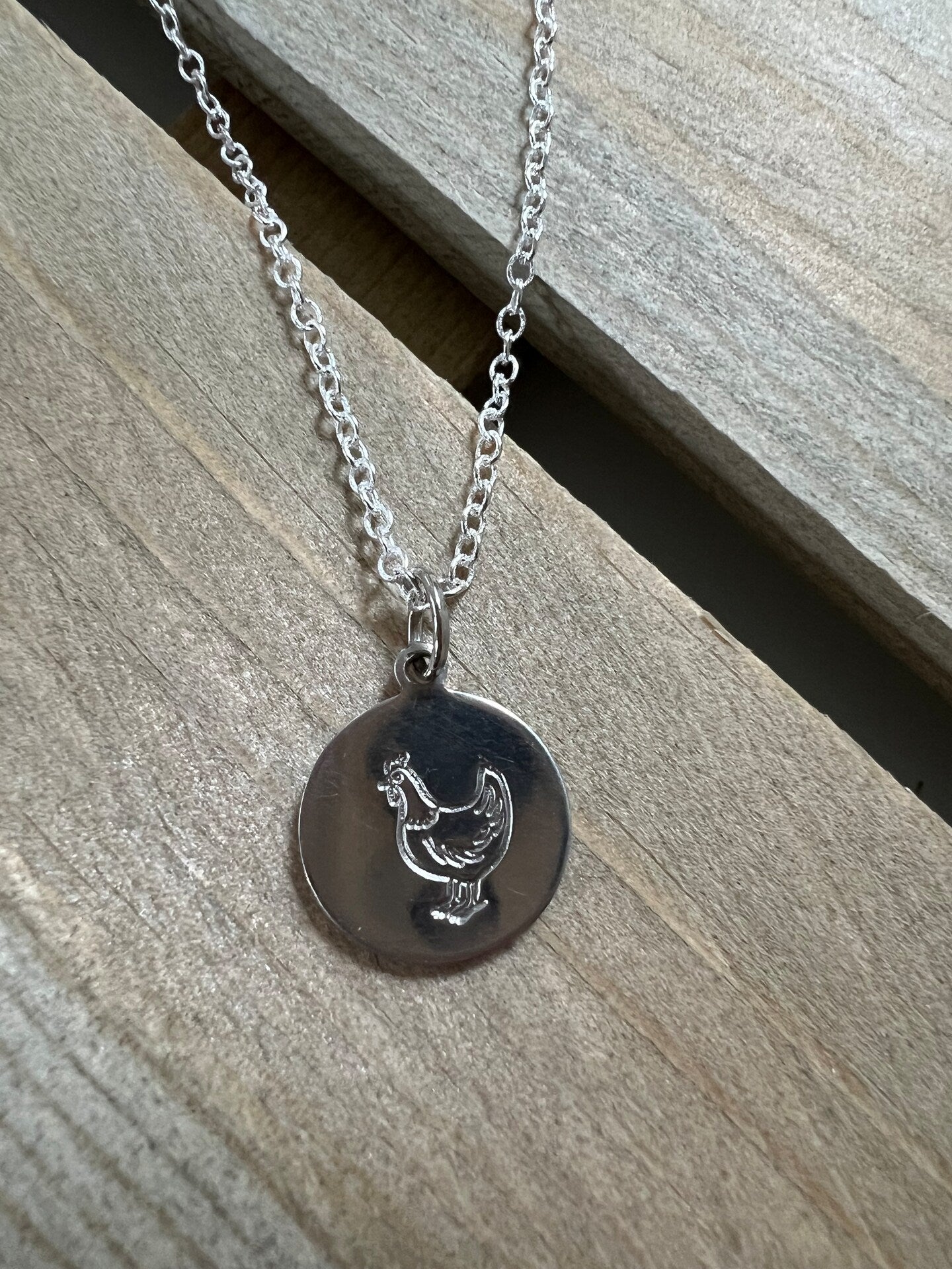Chicken Necklace Mom Mama Disc Coin Circle Pendant Stamped Custom Engraved Personalized Etched Silver Gold Handmade Simple Chicken Lover