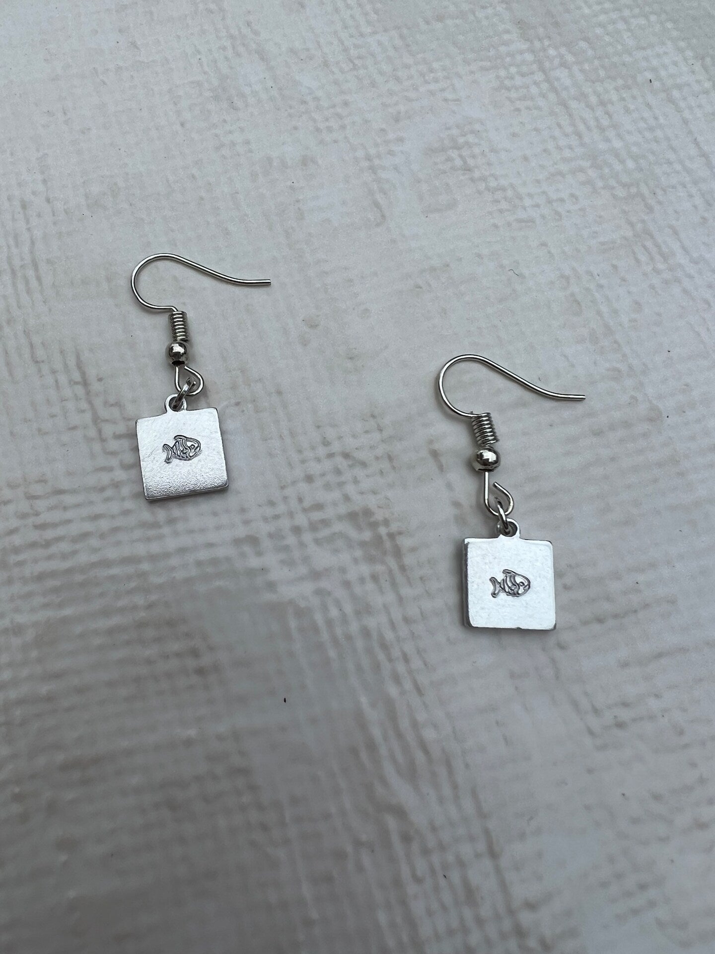 Fish Bass Small Dainty Simple Square Metal Earring Dangle Drop Simple Gold Silver Stamp Etched Handmade