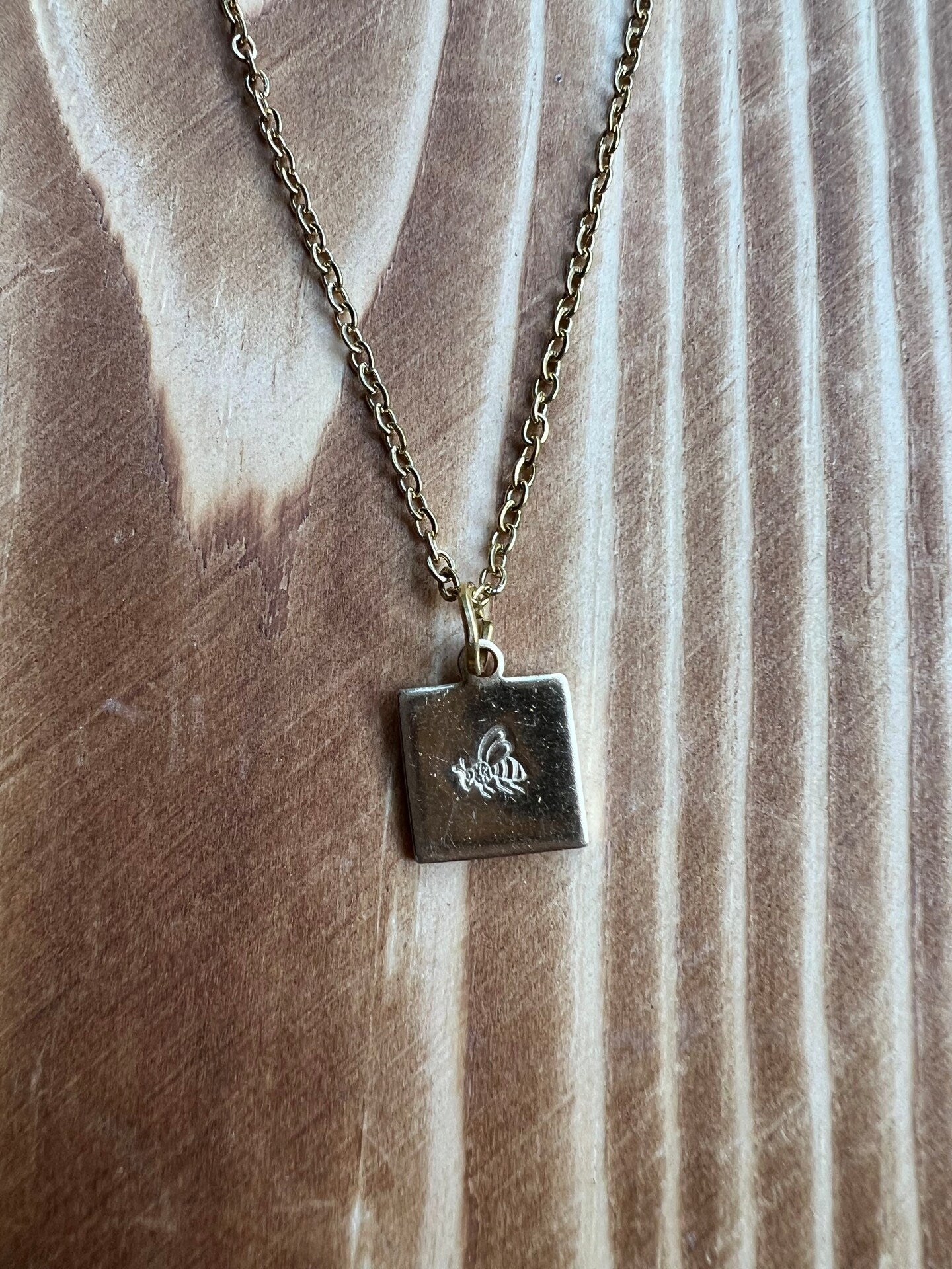 Honeybee Bee Wasp Bug Insect Necklace Pendant Square Tiny Minimalist Metal Gold Silver