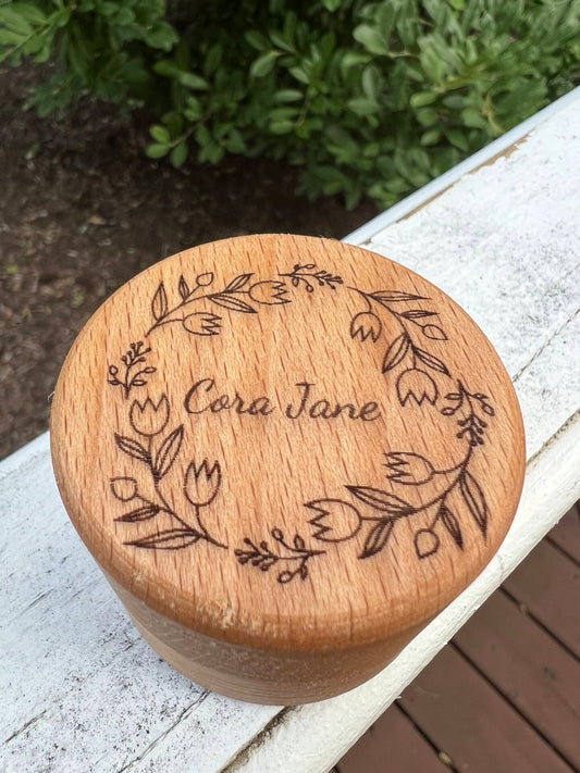 Personalized Jewelry Box Custom With Name Flowers Flower Round Circle Ring Box Pill Box Wood Wedding Favor