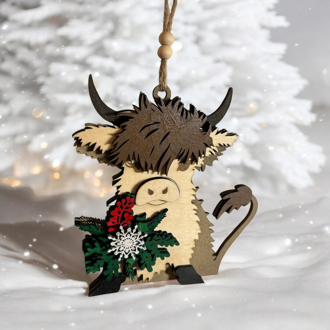 Highland Cow Brown Cow Wood Christmas Ornament Holiday Decor Mistletoe Boho Rustic Farmhouse