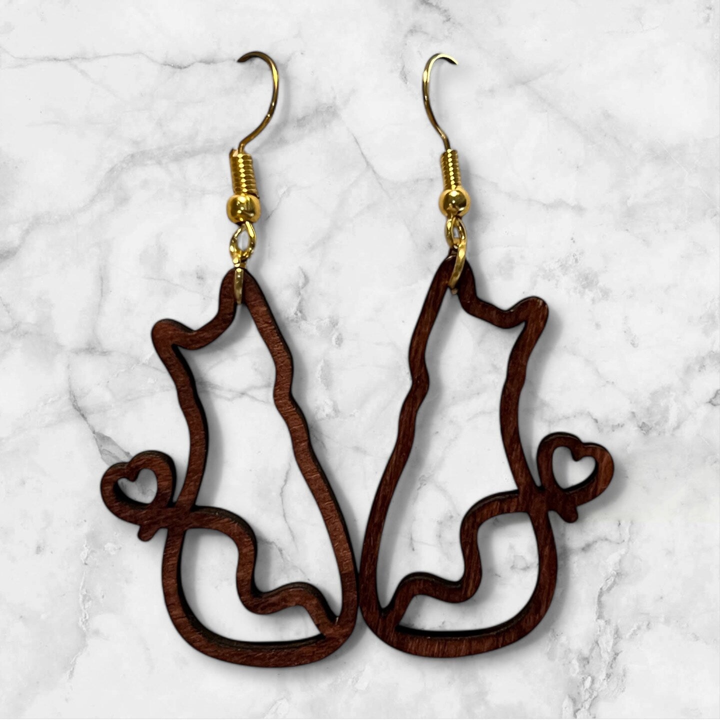 Wood Cat Earrings Kitty Kitten Dangle Whimsical Swirl Tail Heart Tail Line Drawing Cat Lover