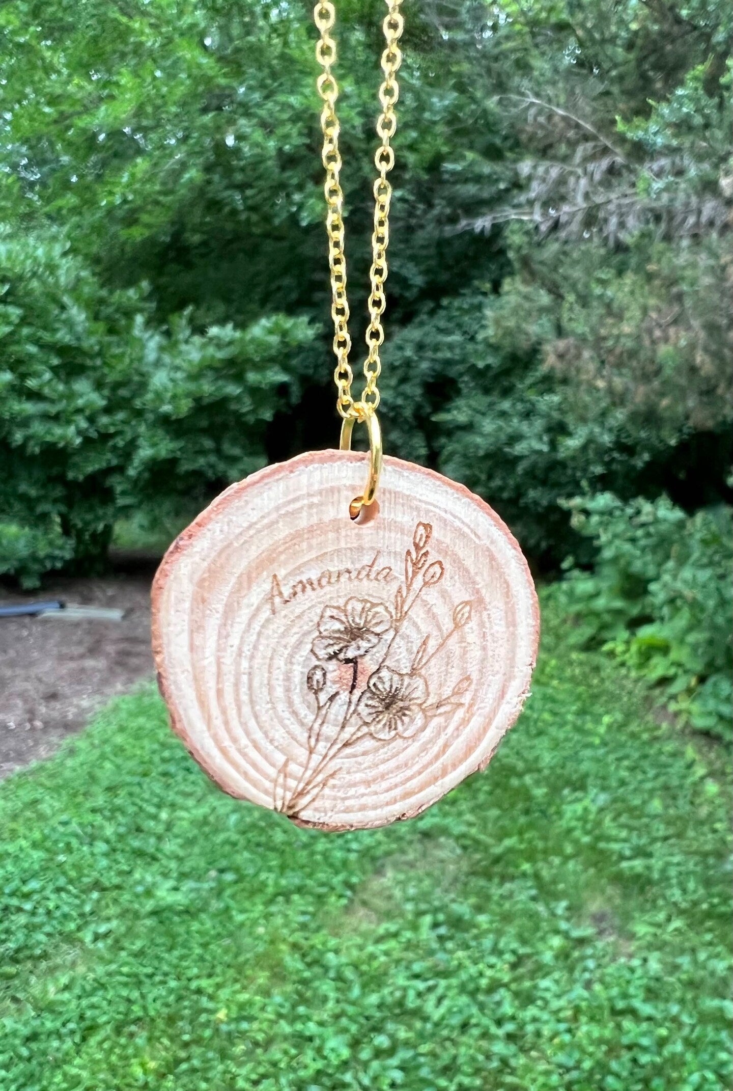 Engraved Wood Necklace Birth Flower Round Disc Circle Rustic Pendant Gold Silver Personalized Custom Raw Edge
