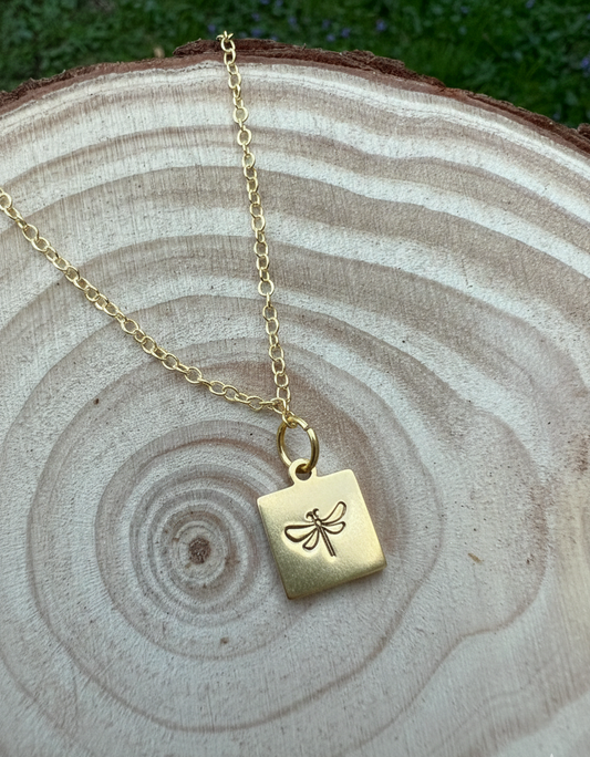 Firefly Dragonfly Tiny Pendant Necklace Handmade Minimalist Square Plate Silver Gold Stamped Engraved