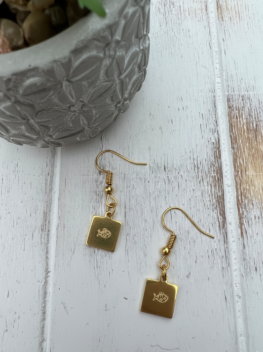 Fish Bass Small Dainty Simple Square Metal Earring Dangle Drop Simple Gold Silver Stamp Etched Handmade
