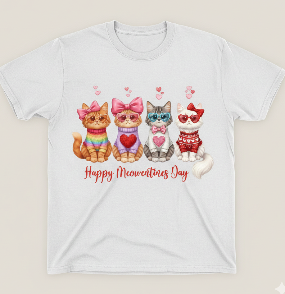 Happy Meowentines Day Cute Valentines Cat Kitty Graphic T-Shirt Sweatshirt Hoodie Hearts White