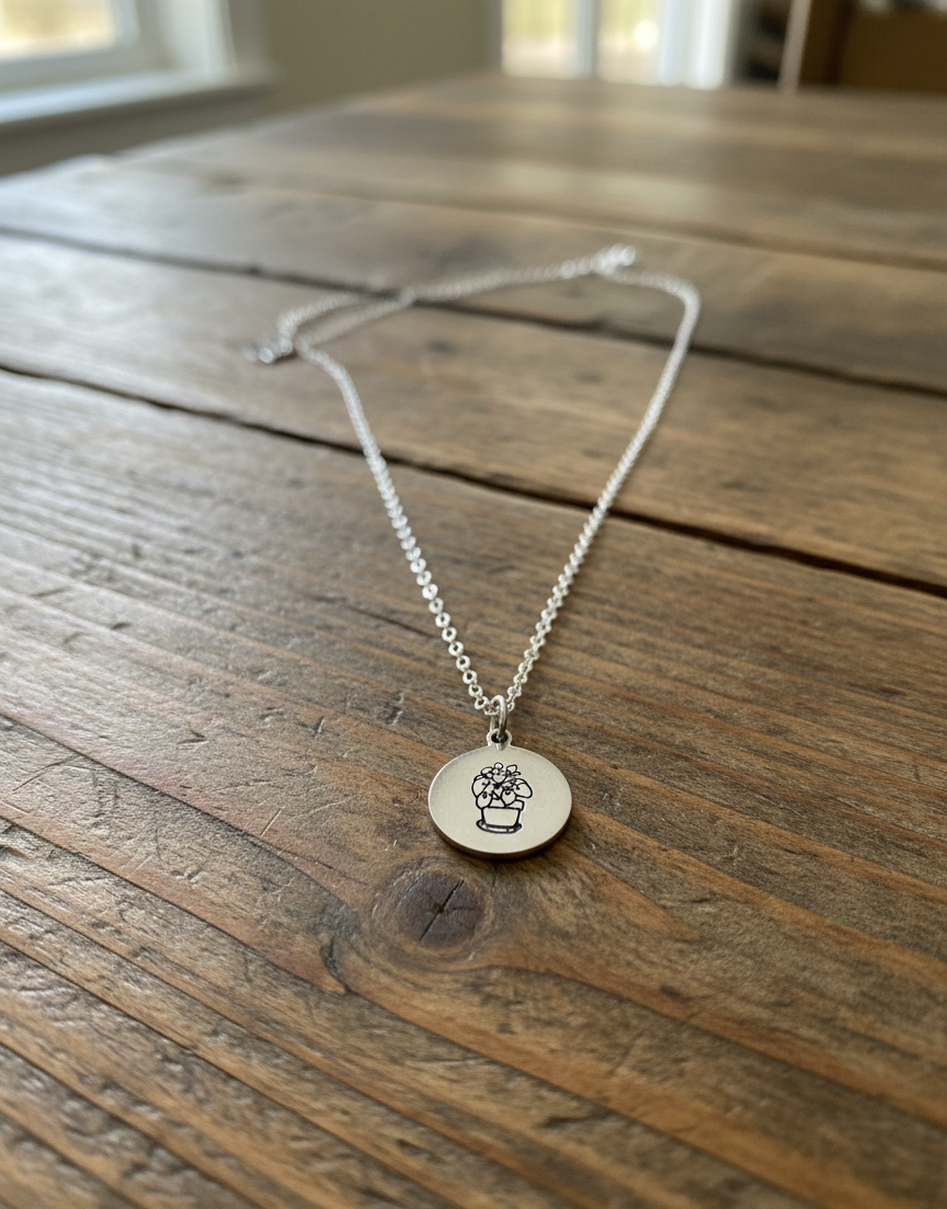 Houseplant Chinese Money Plant Lady Plant Mama Necklace Pendant Circle Coin Disc Metal Gold Silver Handmade