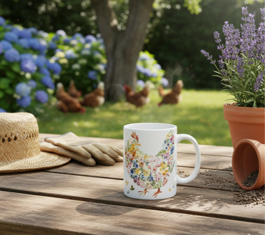 Watercolor Floral Chicken Coffee Mug 11oz Ceramic Tea Cup with Wildflower Hen Art Botanical Farmhouse Kitchen Decor Gift for Chicken Lovers