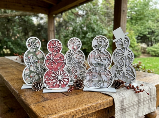 Wood Snowman Set Boho Floral Snowflake Handmade Custom Christmas Holiday Snow Winter Decor Handmade