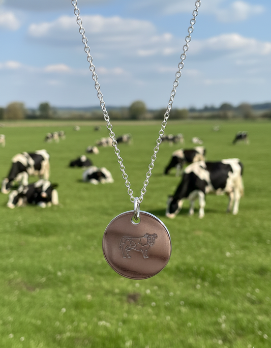 Tiny Cow Oxen Calf Heifer Necklace Pendant Circle Coin Metal Silver Gold Farm Handmade Stamped Engraved