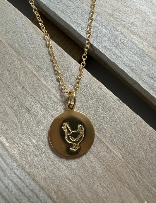 Chicken Necklace Mom Mama Disc Coin Circle Pendant Stamped Custom Engraved Personalized Etched Silver Gold Handmade Simple Chicken Lover