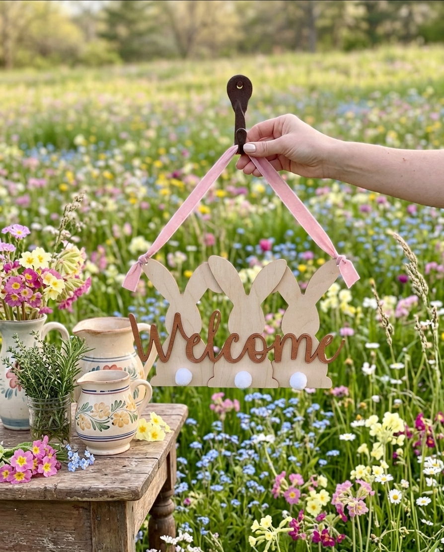 Wooden Welcome Bunny Sign - Rustic Easter Door Hanger with Cotton Tails and Pink Ribbon - 3D Layered Spring Home Decor