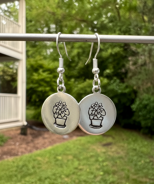 Houseplant Dangle Earrings Money Plant In a Pot Metal Silver Gold Hand Stamped Circle Coin DiscHandmade