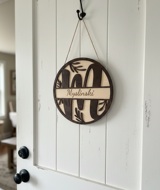 Name Letter Wood Door Sign Wall Sign Botanical Leaves Boho Farmhouse Personalized Custom Family Name Housewarming Sign