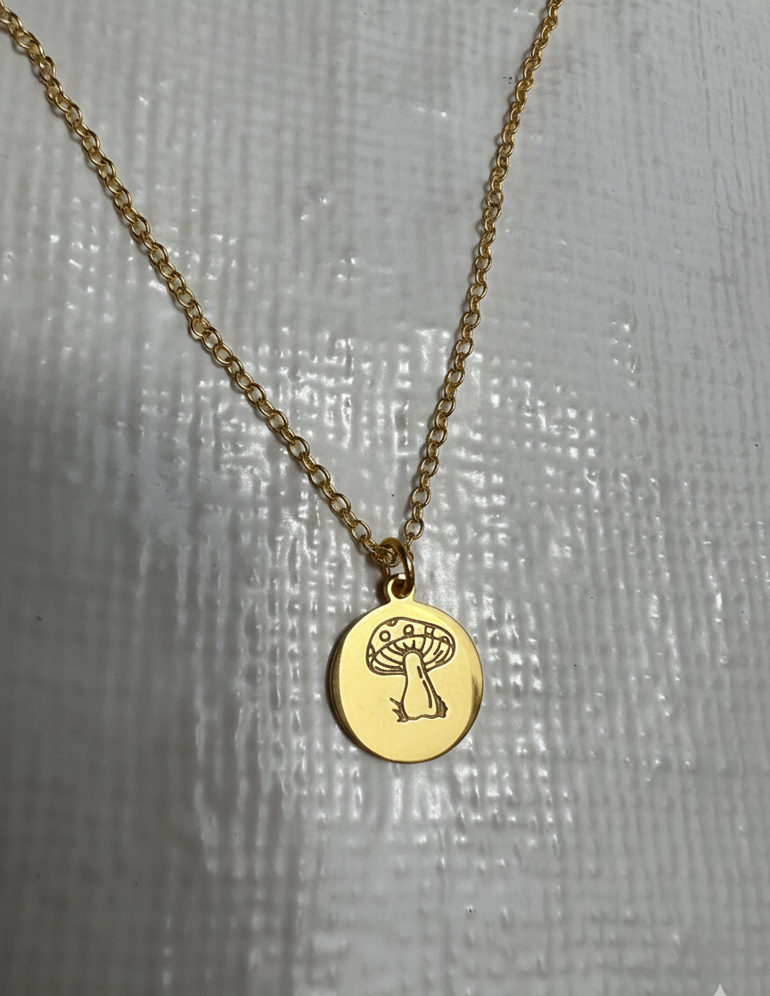 Mushroom Necklace Pendant Handstamped Engraved Circle Coin SIlver Gold Metal Handmade Fungi