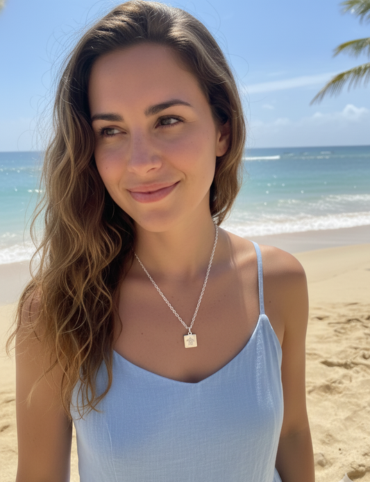 Sea Turtle Tortoise Necklace Pendant Square Tiny Minimalist Metal Gold Silver Boho Metal Stamped Engraved