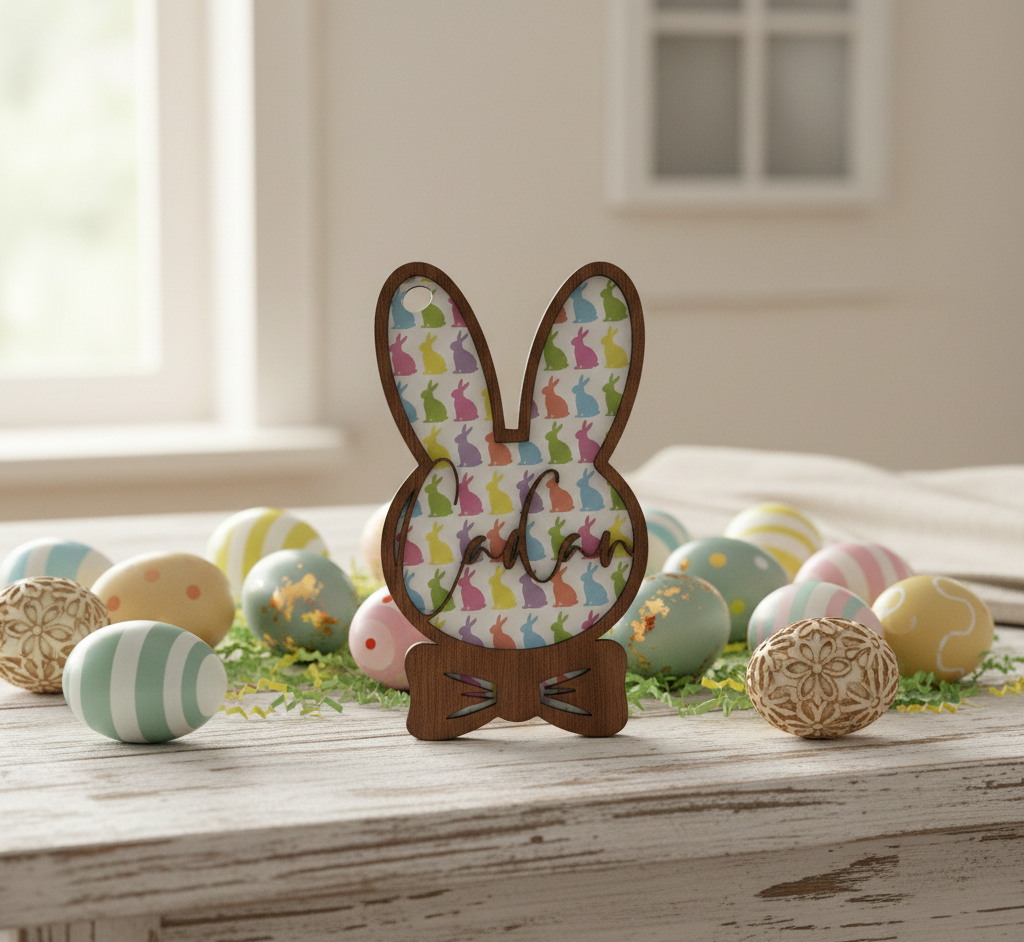 Easter Basket Tag Wood Bunny Egg Pastel Personalized Bows Carrot Gift Spring