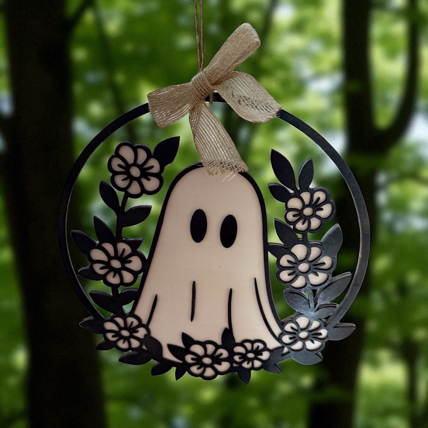 Wood Ghost Floral Spiderweb Wall Hanging Wall Decor Boho Farmhouse Black White Halloween Autumn Fall Wall Art Pink