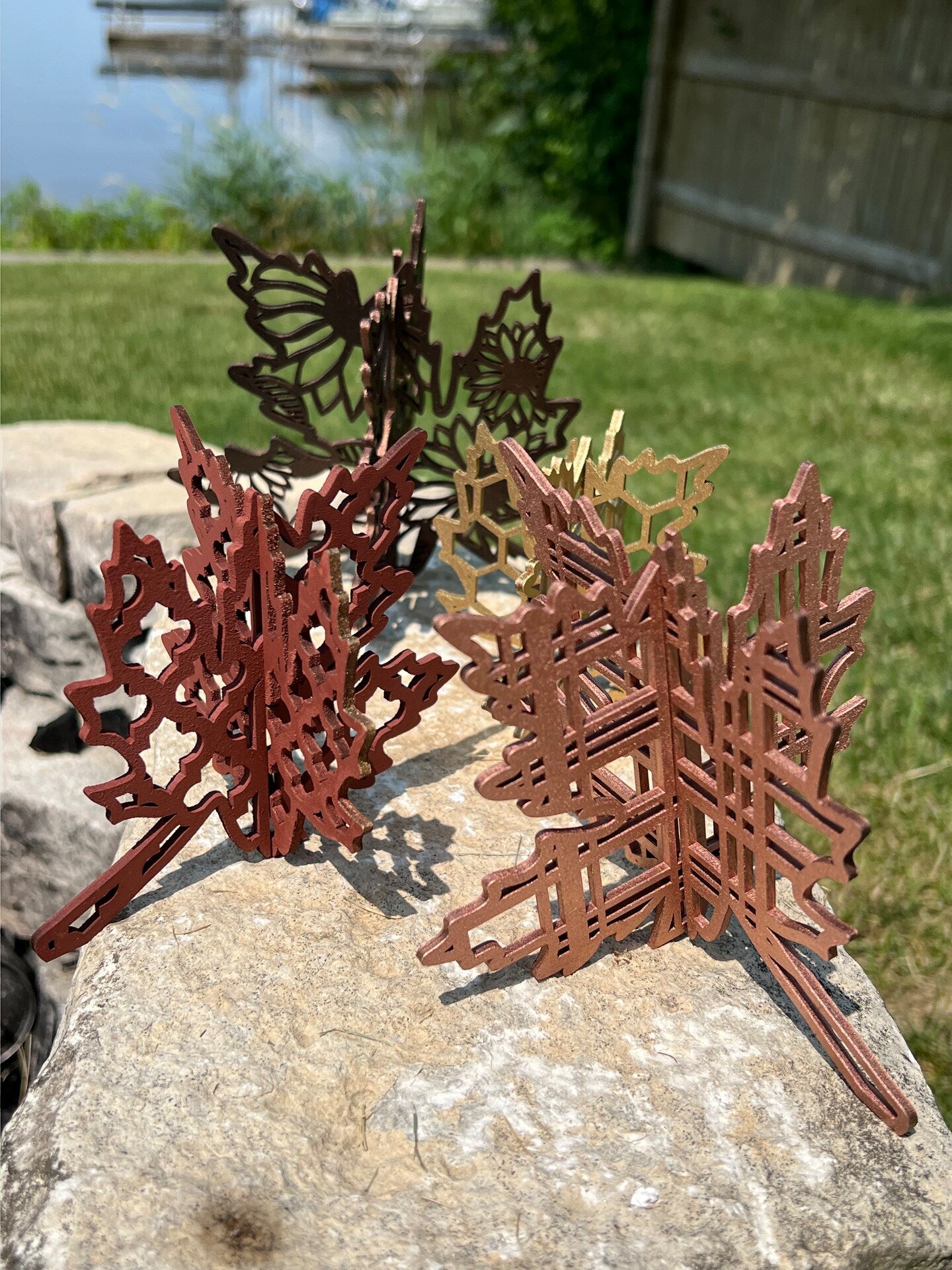 Wood Leaves Fall Autumn Table Decor Boho Farmhouse Painted Copper Bronze Gold Red Handmade Custom