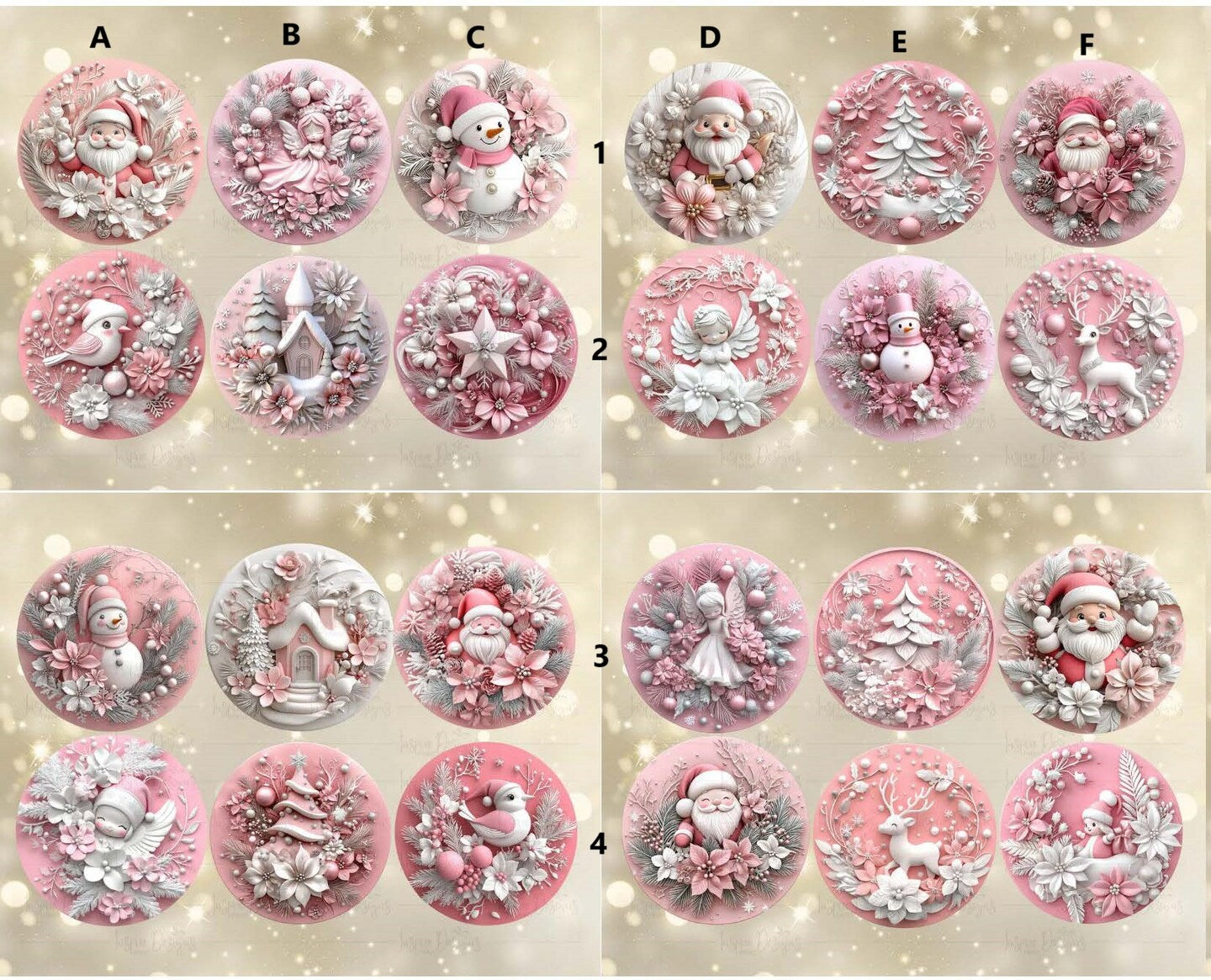 Ceramic Christmas Circle Ornaments 3D Effect Cute Pink Pastel Round Personalized Holiday Santa Snowman Tree Angel Reindeer Village