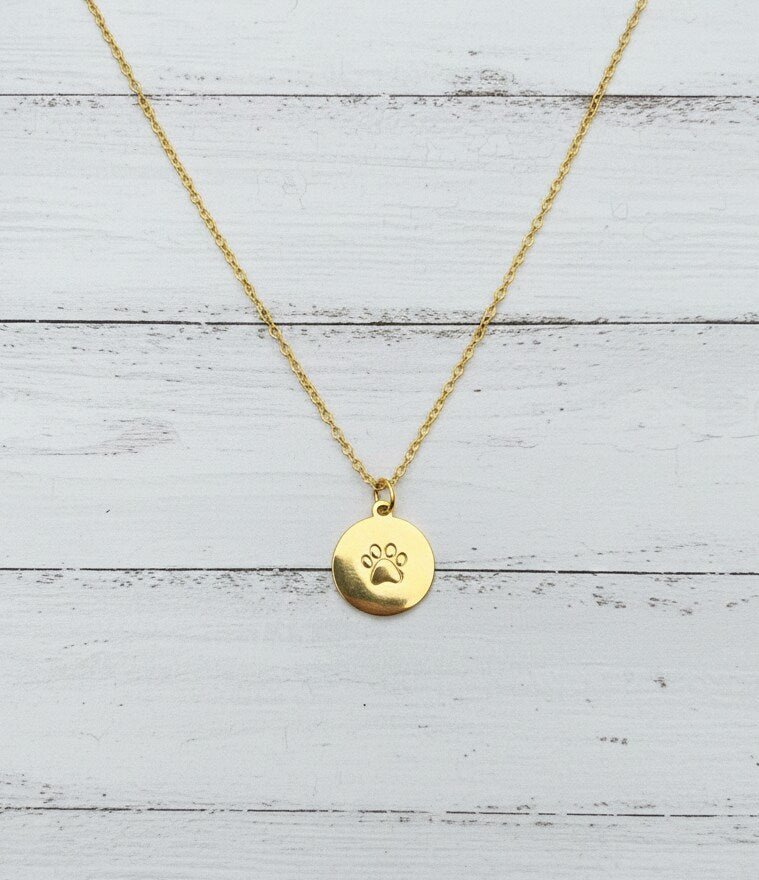 Dog Cat Paw Pet Mom Necklace Circle Coin Disc Engraved Etched Handmade Personalized Stamped Custom Metal Gold Silver