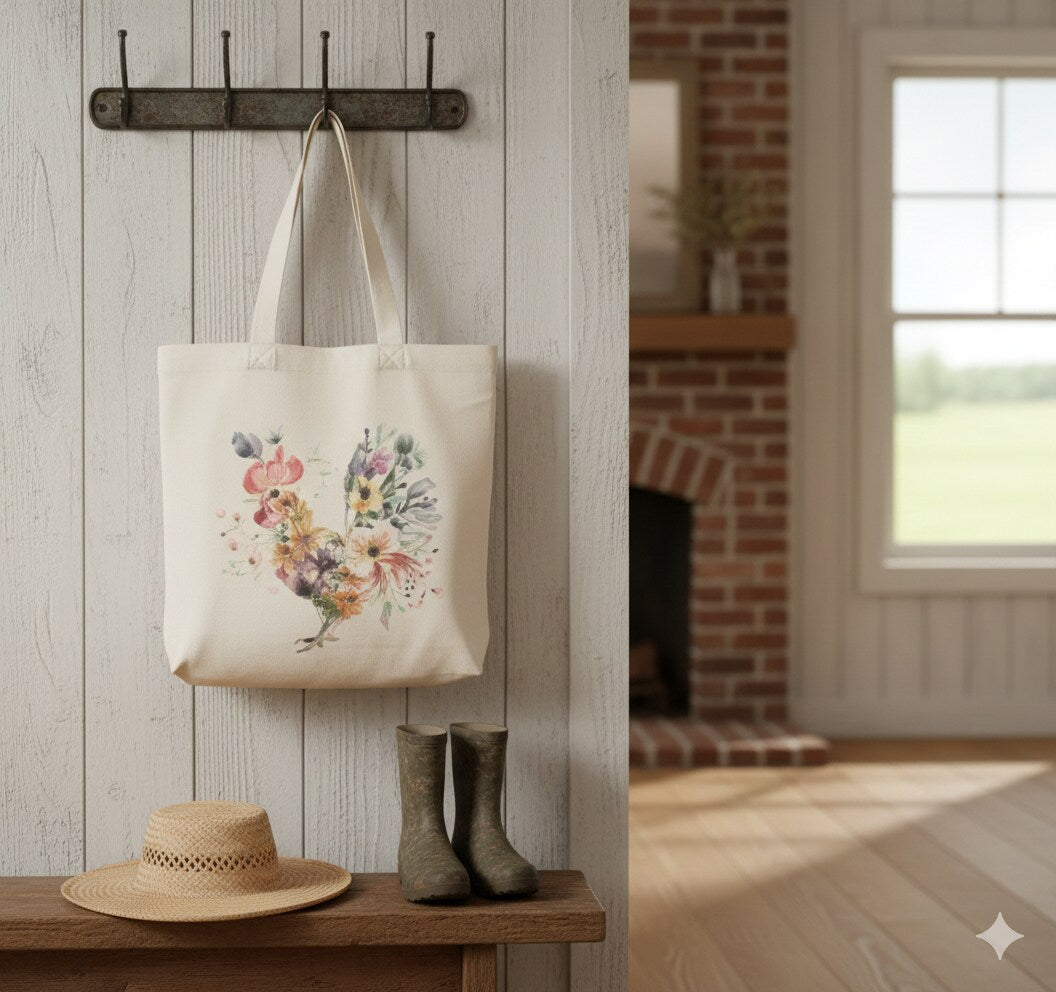 Chicken Tote Bag Hen Rooster Watercolor Flower Floral Spring Personalized Shopping Bag Farm Farmhouse