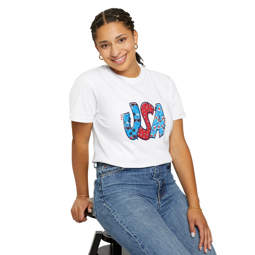USA Floral Graphic Tee - Patriotic Red T-Shirt with Coquette Bows - 4th of July Summer Outfit - Americana Flowers Top