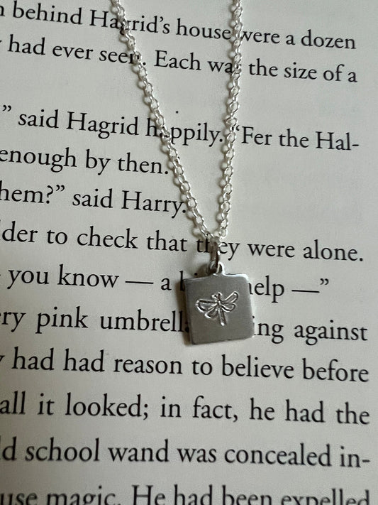 Firefly Dragonfly Tiny Pendant Necklace Handmade Minimalist Square Plate Silver Gold Stamped Engraved