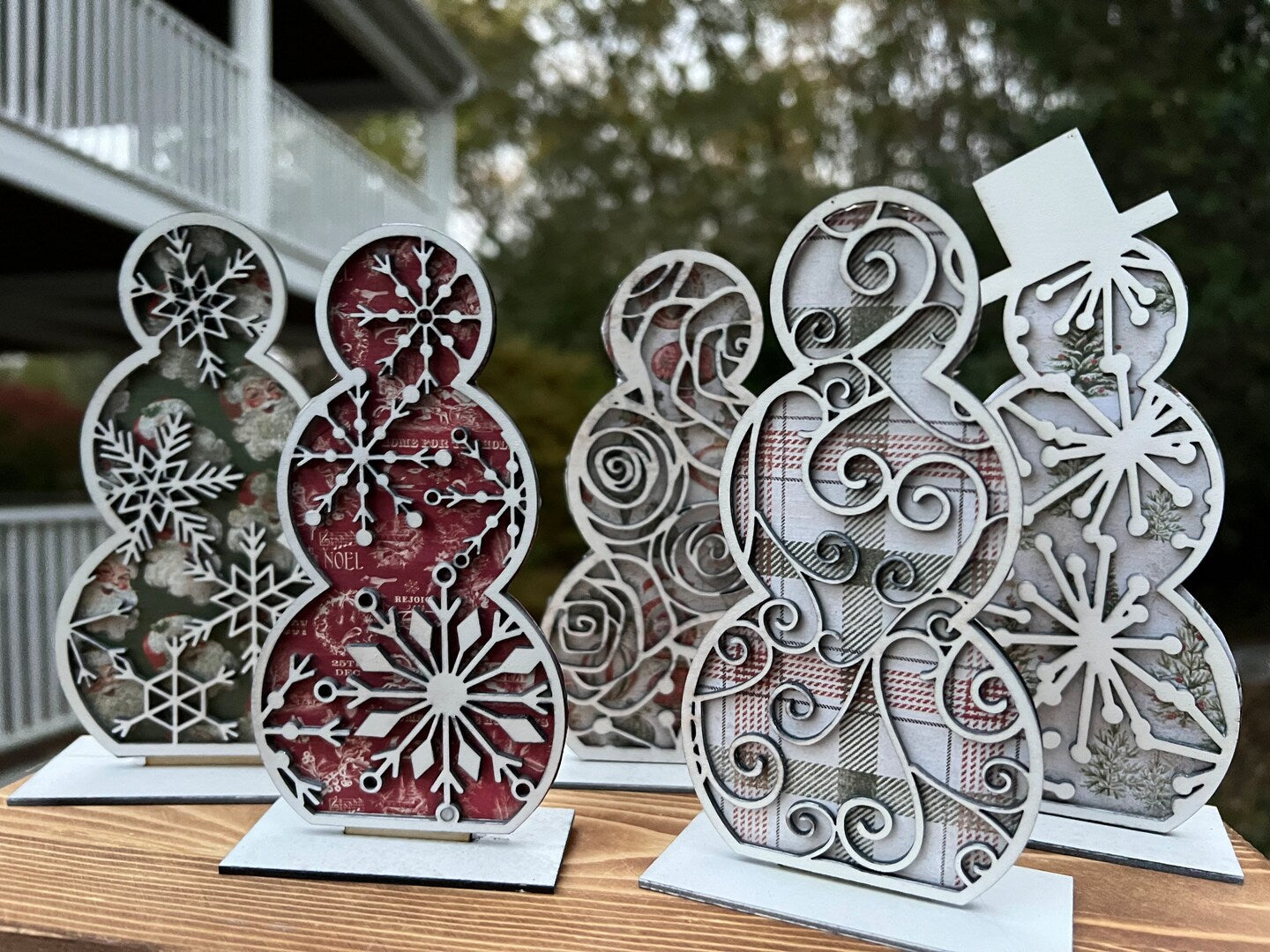 Wood Snowman Set Boho Floral Snowflake Handmade Custom Christmas Holiday Snow Winter Decor Handmade