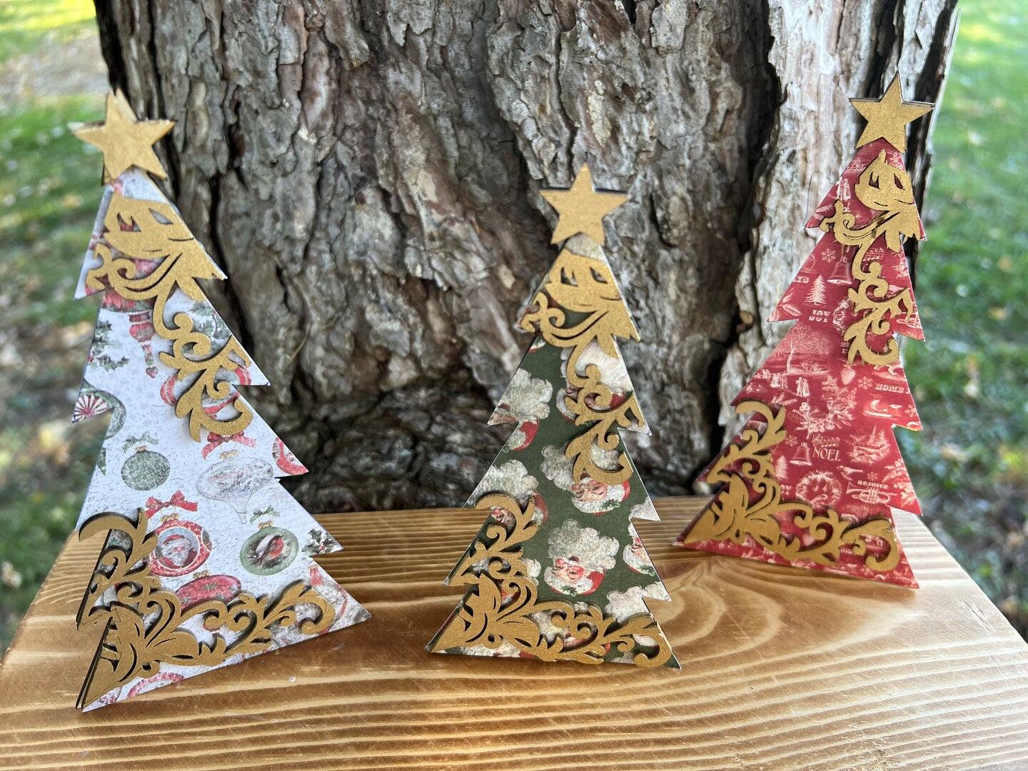 Wood Christmas Tree Table Holiday Gold Flourish Farmhouse Decor French Country Rustic Boho Handmade