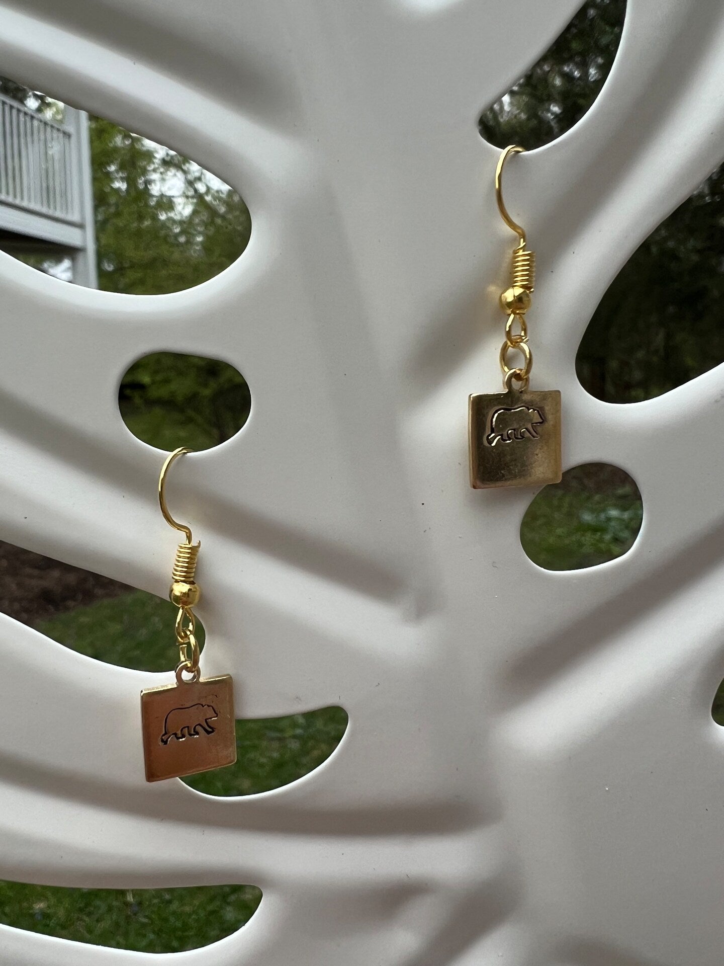 Grizzly Brown Mama Bear Earrings Small Dainty Simple Square Dangle Drop Simple Gold Silver Stamp Etched Handmade Engraved