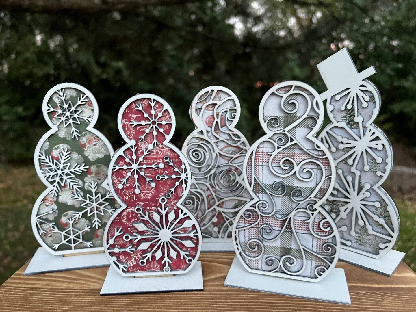Wood Snowman Set Boho Floral Snowflake Handmade Custom Christmas Holiday Snow Winter Decor Handmade