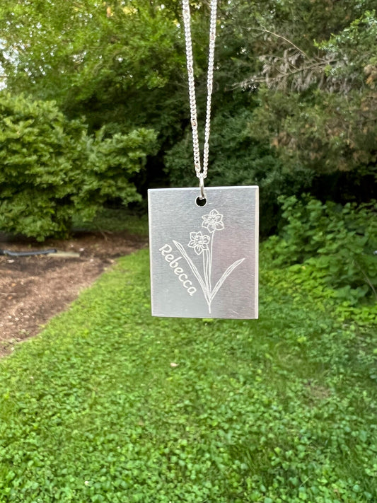 Birth Flower Necklace Floral Name Square Metal Silver Pendant Sister Gift Bridesmaid Gift Mom Gift Bestie Gift Handmade Personalized Custom