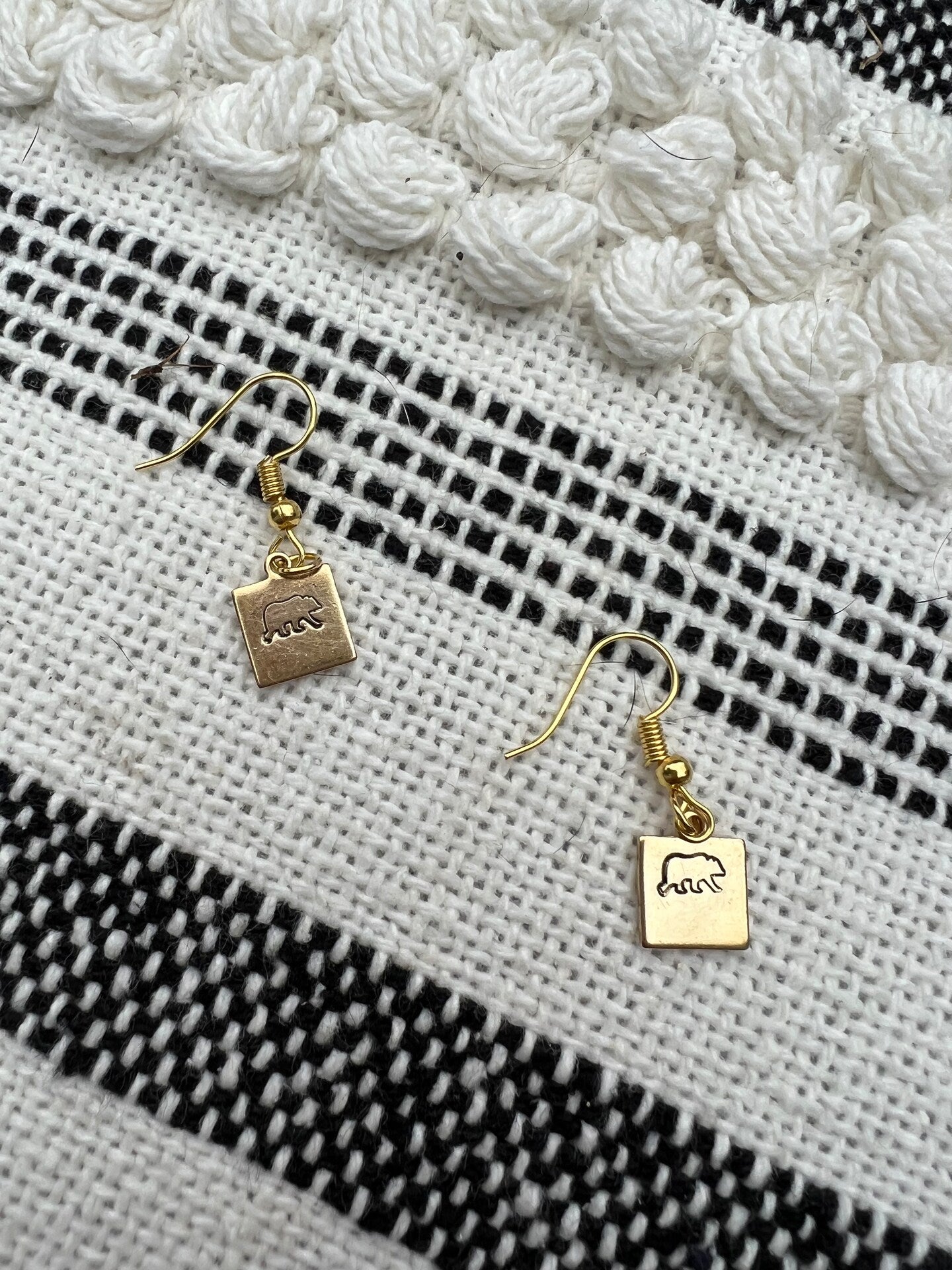 Grizzly Brown Mama Bear Earrings Small Dainty Simple Square Dangle Drop Simple Gold Silver Stamp Etched Handmade Engraved