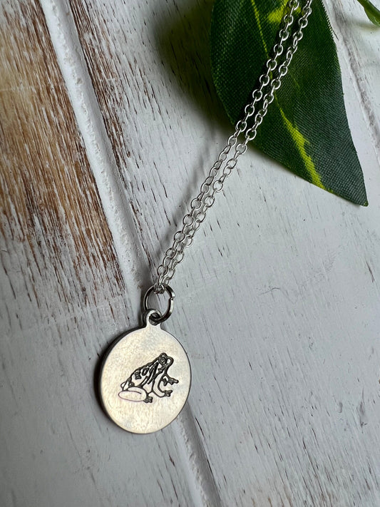 Handmade Frog Toad Pendant Necklace Stamped Etched Engraved Metal Circle Coin Silver Gold Forest