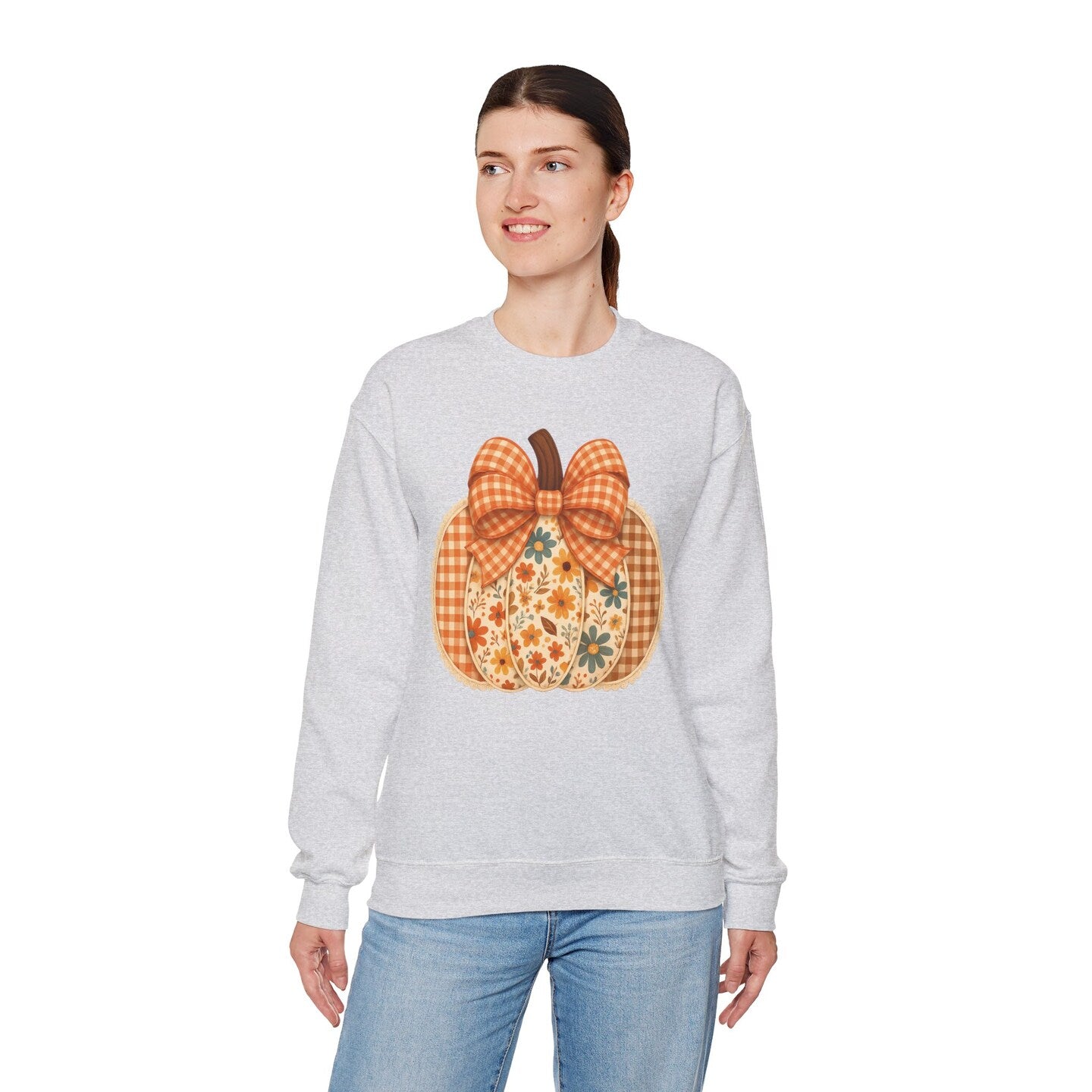 Pumpkin Crew Neck Sweatshirt Floral Gingham Plaid Coquette Bow Orange Fall Autumn Farm Country