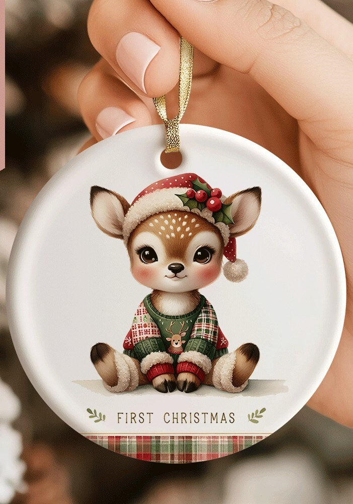 Baby's First Christmas Ornament Ceramic Animals Personalized Holiday Dog Cat Elephant Sheep Woodland Animals