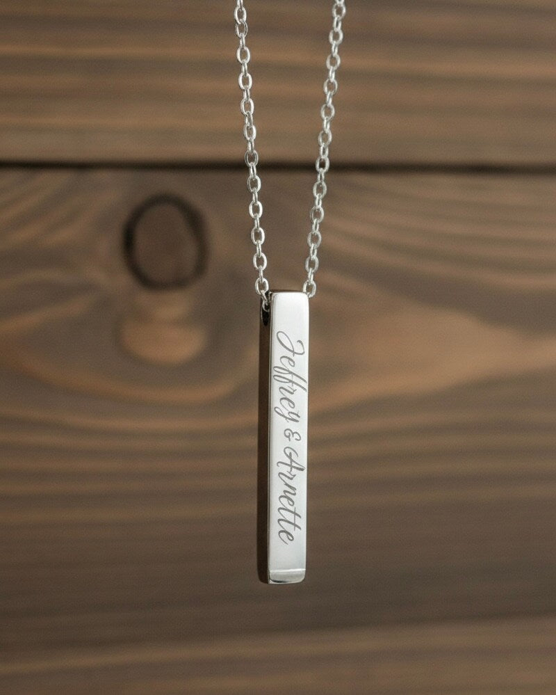 Personalized Couples Anniversary Wedding Stainless Column Necklace Pendant Silver Rectangle Engraved