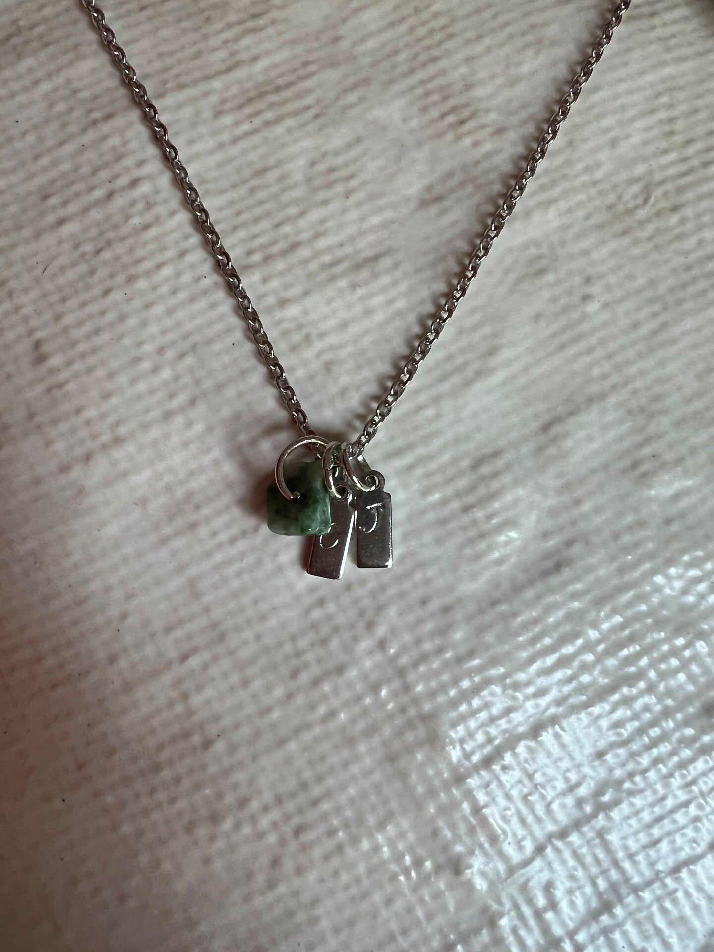 Initial Letter Tiny Charm Necklace Natural Stone Small Handmade Personalized Etched Stamped Mom Sister Silver Gold Stainless
